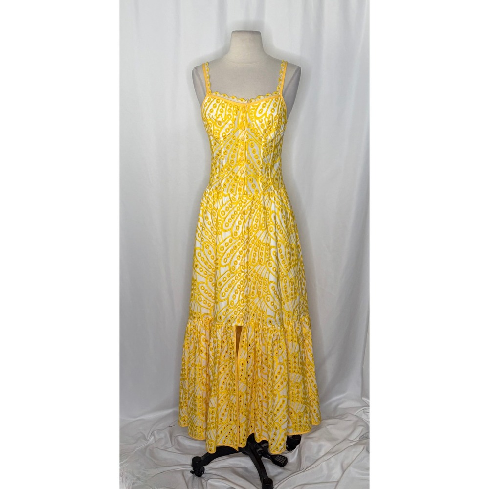 JARDINVUE Lace Buttoned Ruffle Hem Cami Midi Dress Yellow Embroidered X-Small - Picture 3 of 15